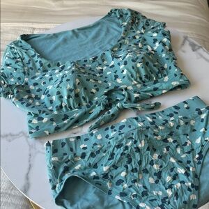 Teal and White Patterned Two-Piece Set